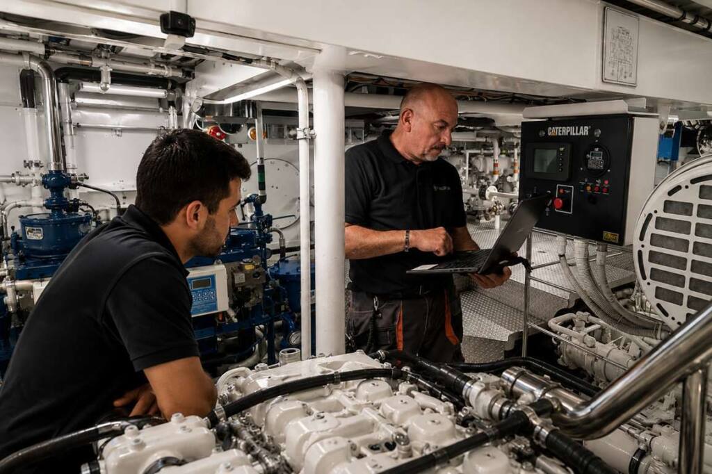 Marine engineering team inspecting superyacht engine room systems with a laptop during technical maintenance.