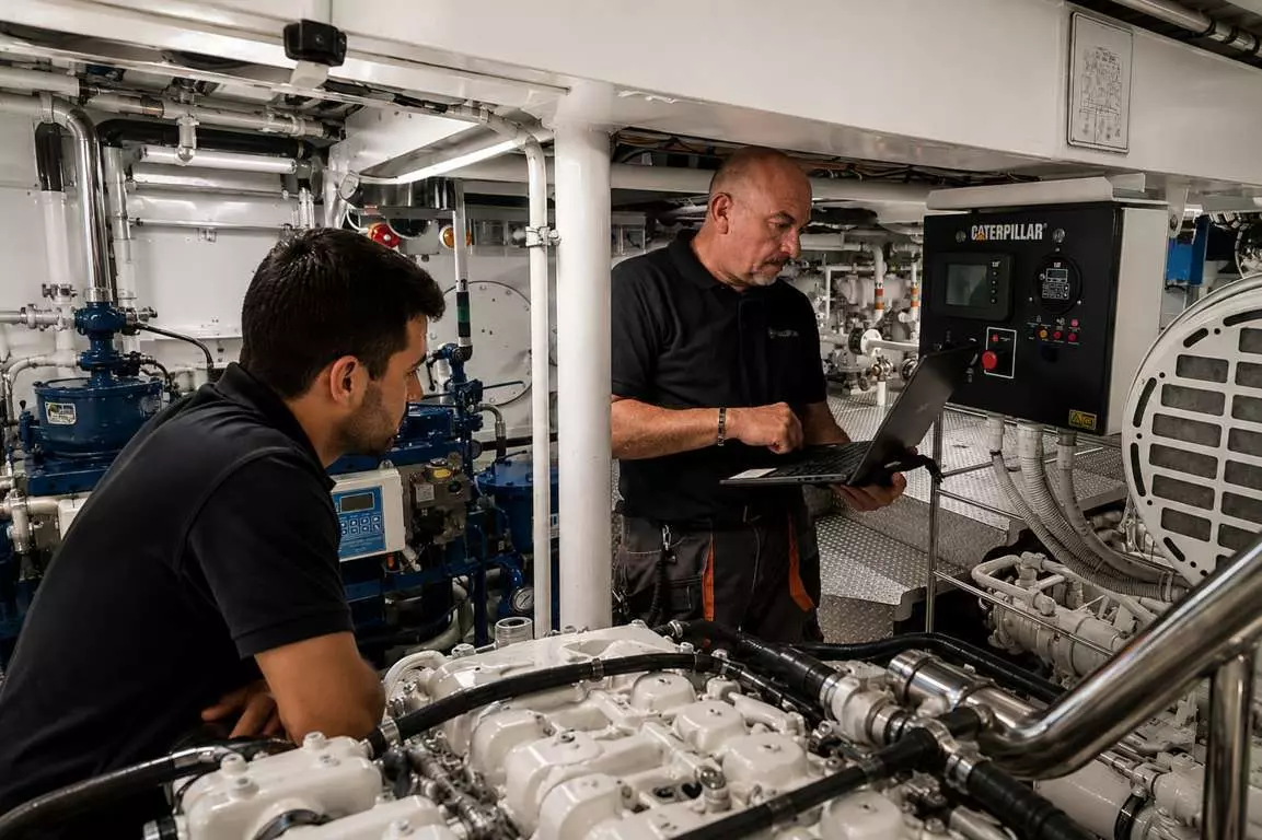 Marine engineering team inspecting superyacht engine room systems with a laptop during technical maintenance.
