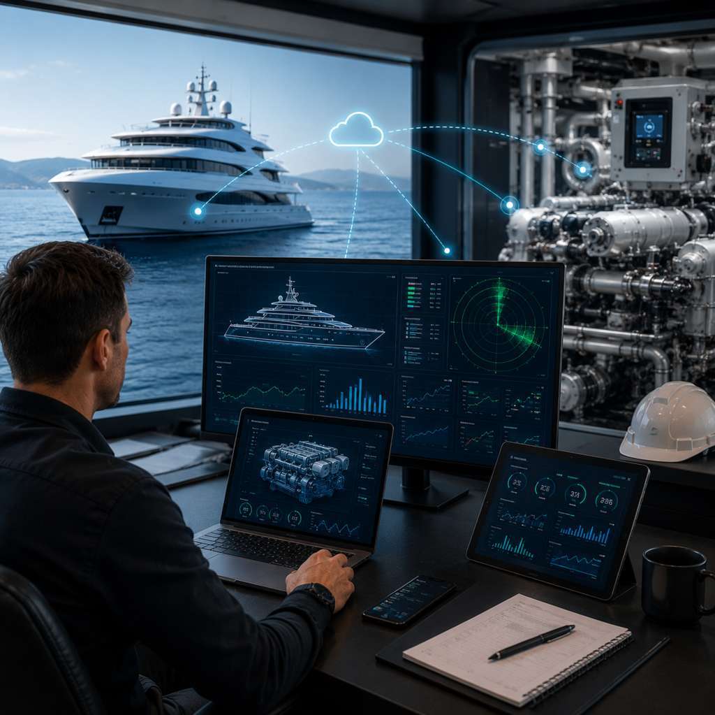Predictive maintenance and remote monitoring system for a superyacht, showing technical dashboards, engine data and cloud connectivity.