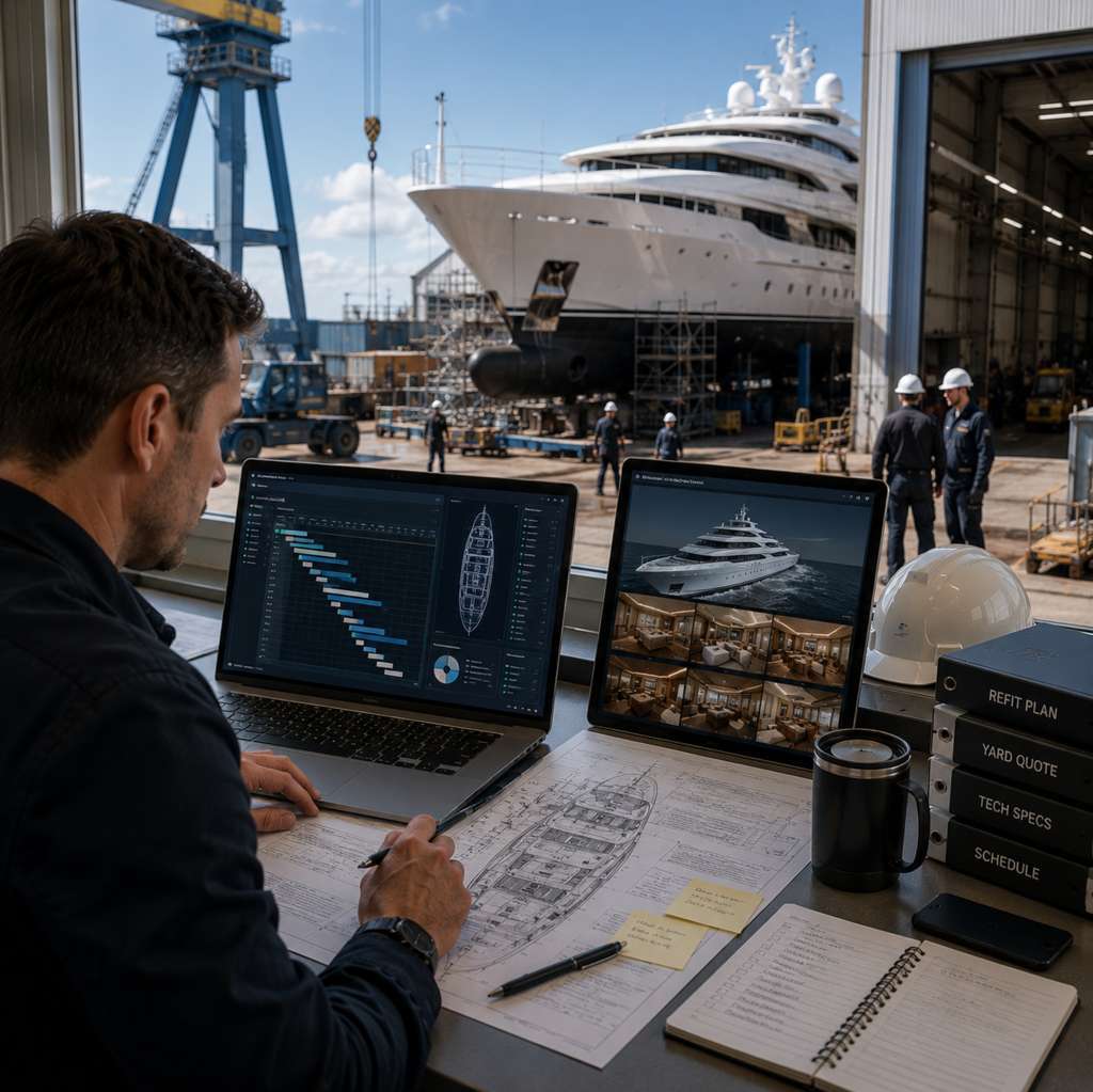 Superyacht refit planning specialist reviewing technical plans and project schedules while a yacht is serviced in a shipyard.