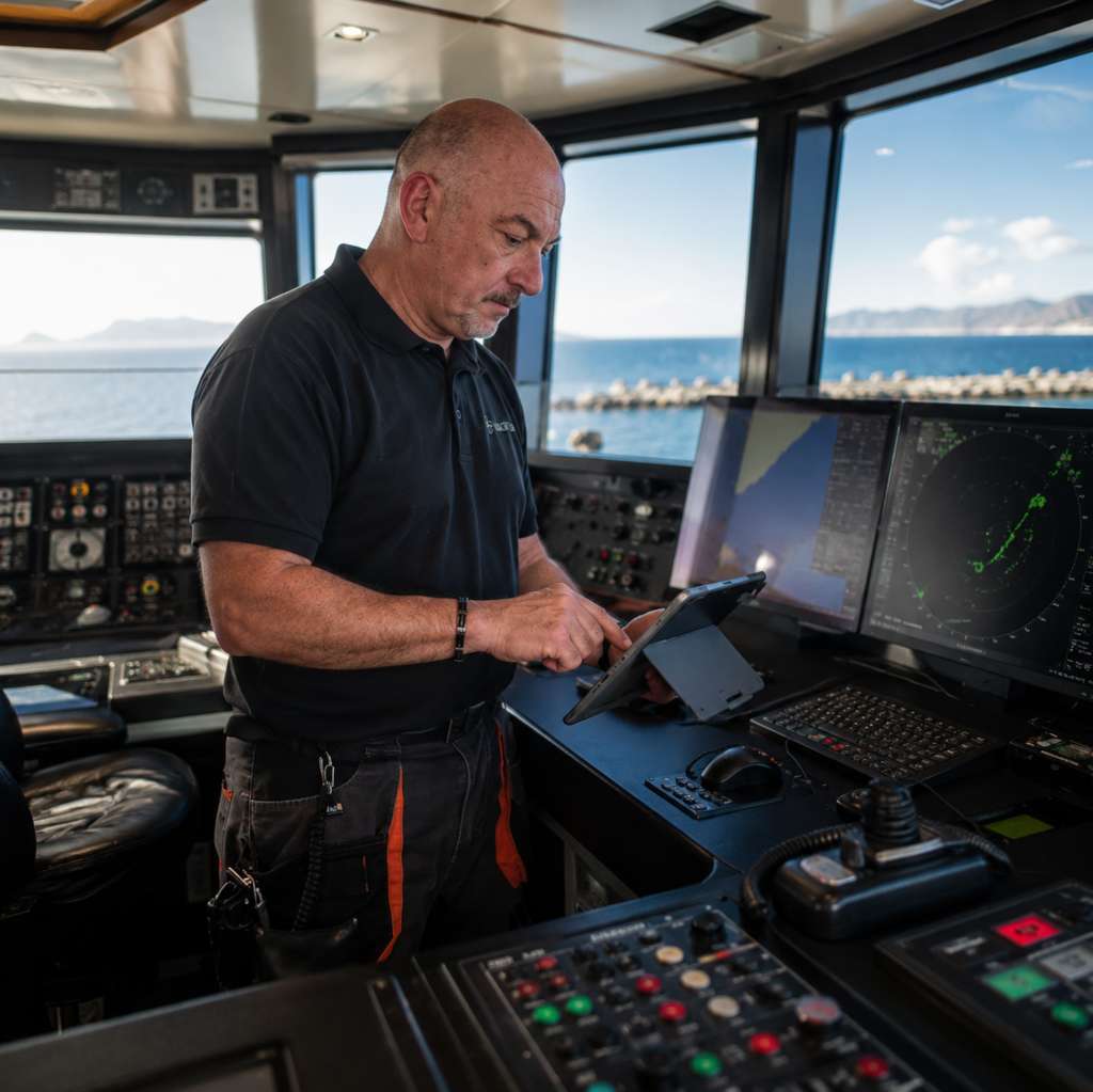 Yacht crew member using a tablet on the bridge to coordinate navigation data and shore-based technical support.