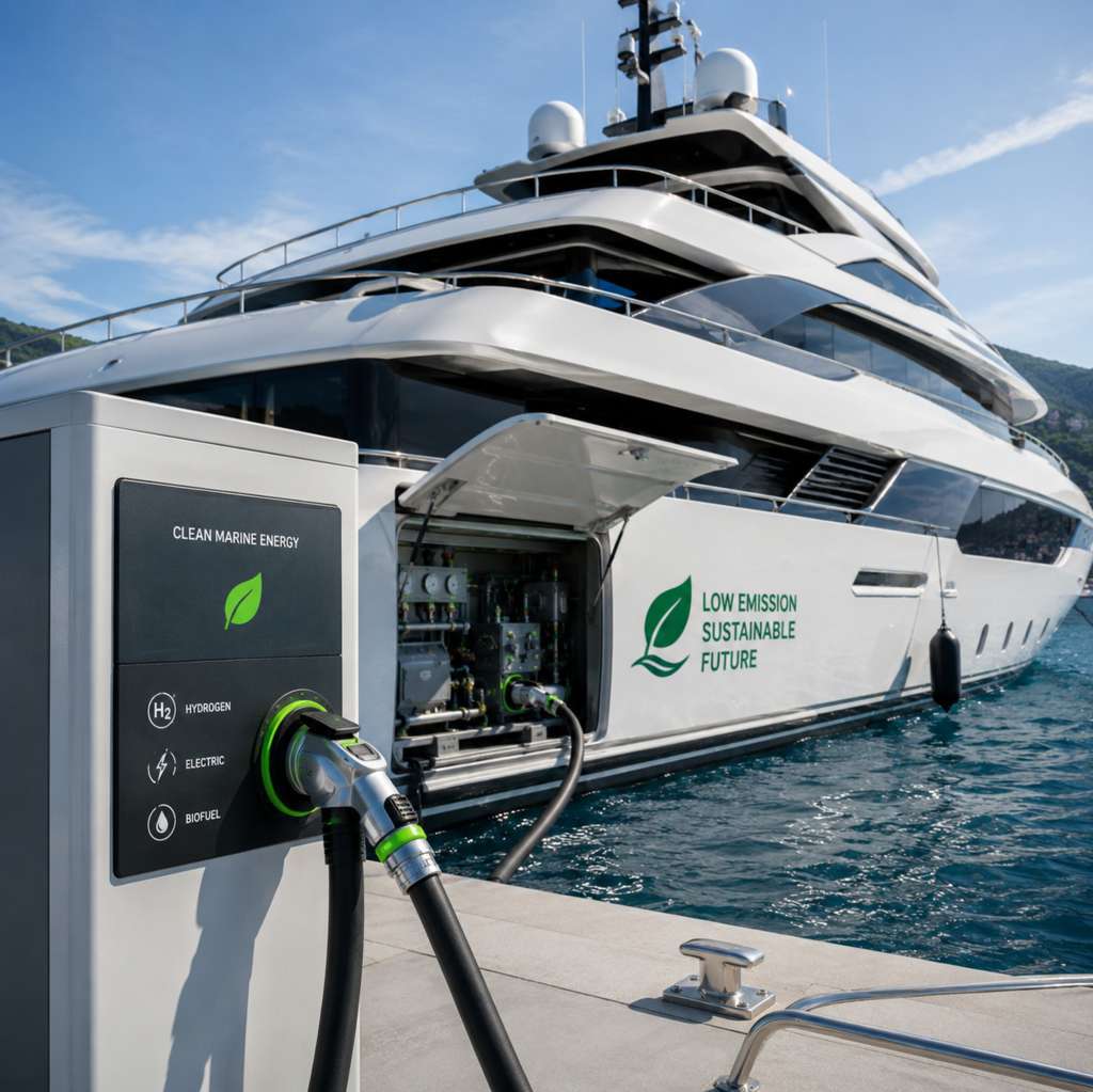 Sustainable superyacht connected to a clean marine energy station with hydrogen, electric and biofuel options.