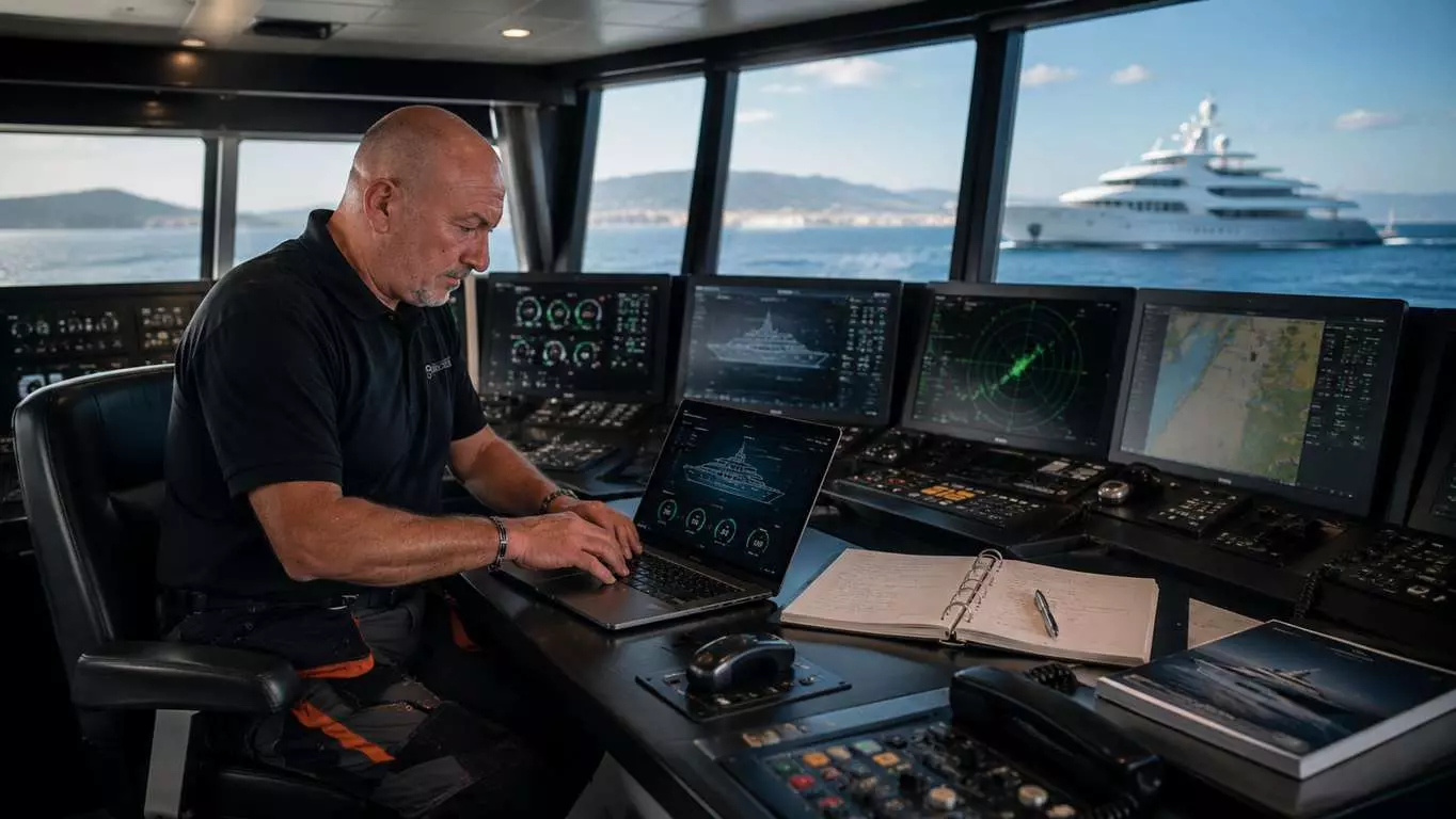 Yachting technical services specialist working on a laptop in a yacht bridge with navigation systems and a superyacht at sea.