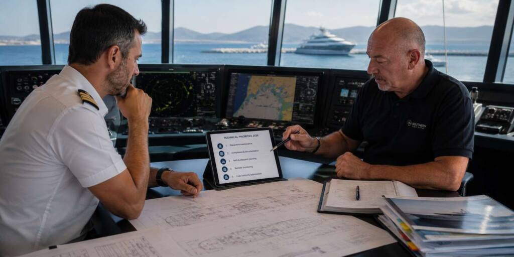 Superyacht captain and technical consultant reviewing maintenance priorities and vessel plans on the yacht bridge.