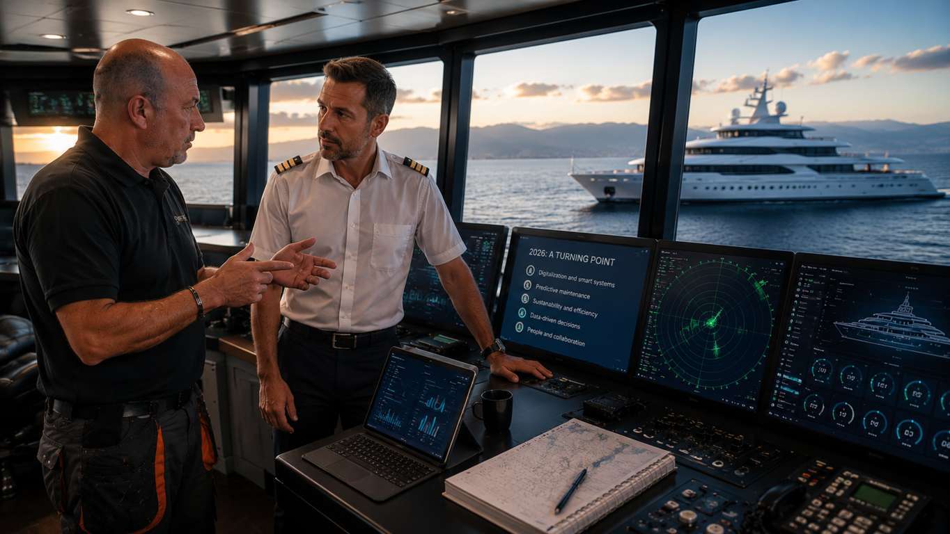Superyacht management team discussing navigation data and smart systems on a yacht bridge at sunset.