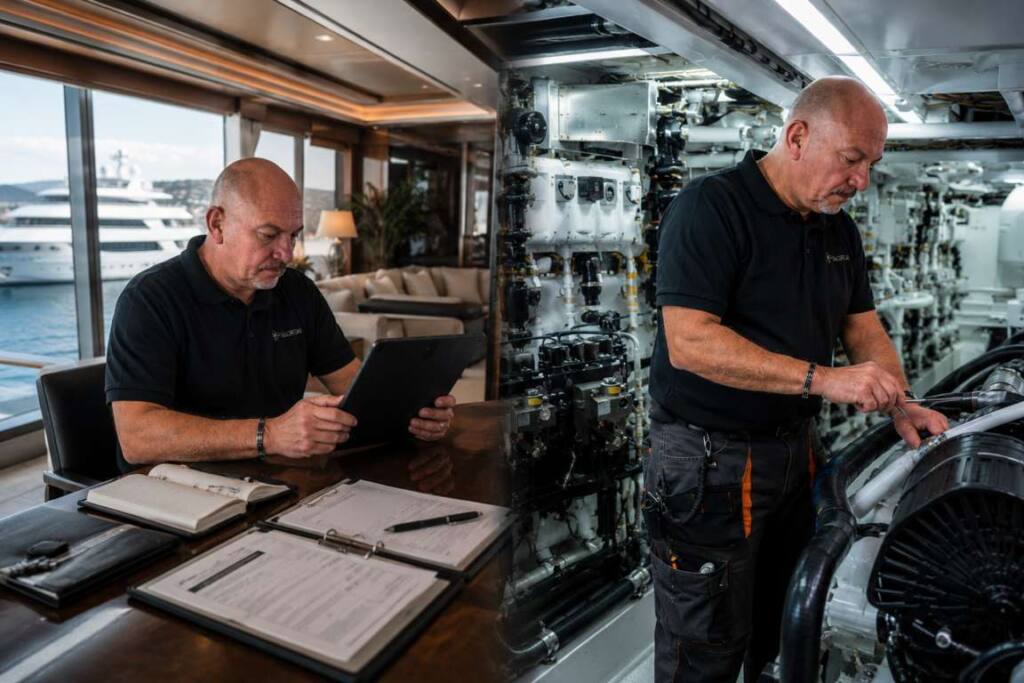 Marine technician providing technical yacht support while reviewing engine room systems and maintenance documents on board a superyacht.